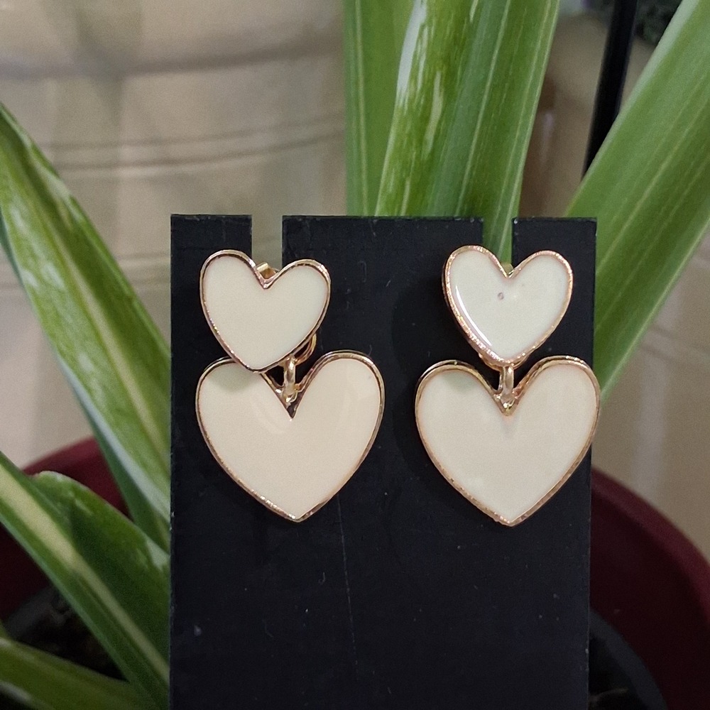 Double Hearts White Gold Tiered Drop Dangle Boho Cute Earrings